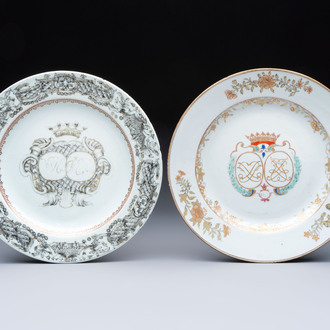 Two Chinese grisaille and famille rose gilt-decorated alliance monogram plates, Qianlong, one dated 1743