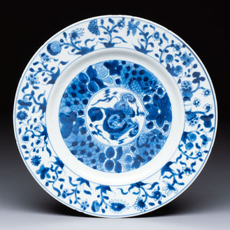 A Chinese blue and white 'Buddhist Lion' plate, Kangxi