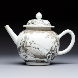 A Chinese export grisaille and gilt-decorated 'European Subject' teapot and cover, Qianlong