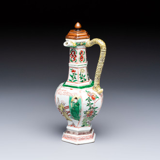A rare Chinese famille verte puzzle jug with a wooden cover, Kangxi