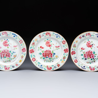 Three Chinese famille rose plates with floral design, Yongzheng