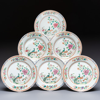 Six Chinese famille rose 'Peacock' plates, Qianlong