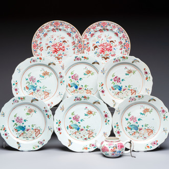 Eight Chinese famille rose plates with floral design and a 'Rooster' teapot, Yongzheng/Qianlong