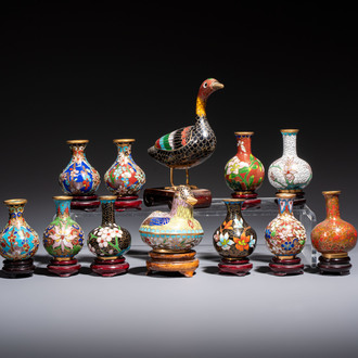 Ten Chinese cloisonné miniature vases, a goose and a duck-from covered box, on wooden stands, 20th C.