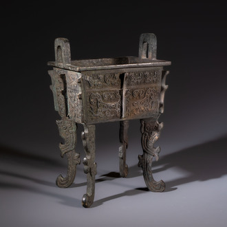 A Chinese archaistic bronze censer with Taotie design, Fang Ding 方鼎, Ming