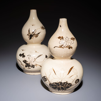 A pair of Chinese Cizhou double gourd vases, Ming