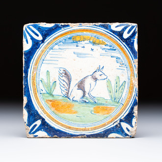 A rare polychrome Dutch Delft maiolica 'Double Crown' 'Fox' tile, Rotterdam, ca. 1600