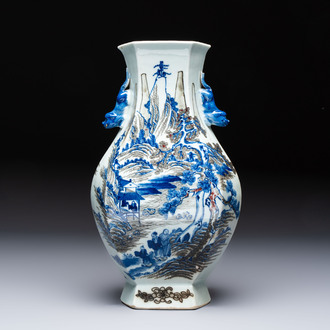 A Chinese blue, white and copper-red 'Hu' vase with figures in a mountainous landscape, 19th C.