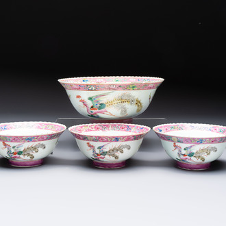Four Chinese famille rose 'Phoenix and Peony' bowls for the Straits or Peranakan market, Qianlong mark, Republic