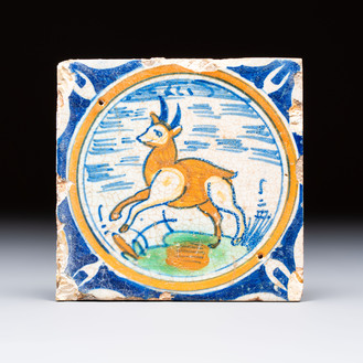 A small polychrome Dutch Delft maiolica 'Goat' tile, ca. 1600