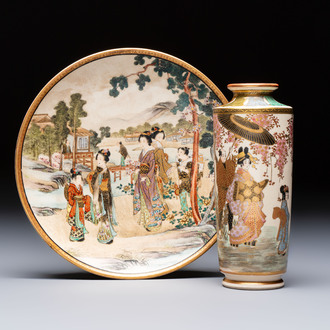 A Japanese Satsuma plate and a vase with figural design, Kozan 光山 and Ryokuzan 祿山 mark, Meiji, 19th C.