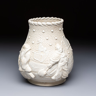 A Chinese Nanking white-glazed 'hu' vase with figural relief design, 19th C.