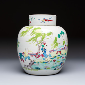 A Chinese famille rose 'Playing Boys' jar and cover, Kangxi mark, 19th C.