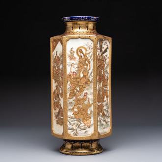 A fine Japanese Satsuma hexagonal vase with narrative design, Kinkozan 錦光山 mark, Meiji, 19th C.