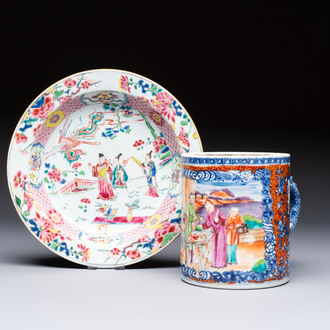 A Chinese famille rose 'Chui Xiao Yin Feng 吹簫引鳳' plate and a Canton famille rose tankard with figural design, Yongzheng/Qianlong