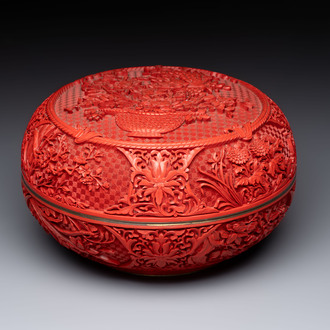 A Chinese cinnabar lacquer 'Flower Basket' box and cover, 19/20th C.