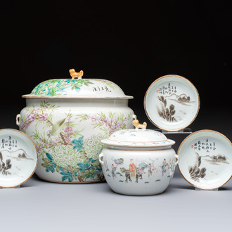 Two Chinese famille rose covered bowls and three grisaille saucers, Tongzhi and Qinghua Ciye Gongsi 慶華瓷業公司 marks, one signed Zi Wen 子文, 19/20th C.