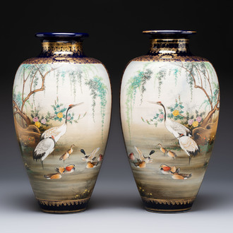 A fine pair of Japanese Satsuma 'Birds and Flowers' vases, Kinkozan 錦光山 mark, Meiji, 19th C.