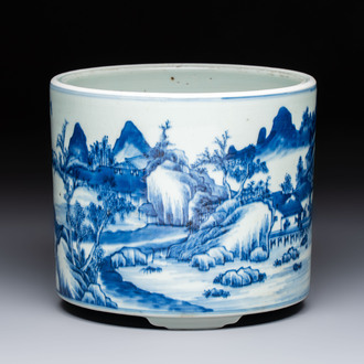 A Chinese blue and white 'Landscape' tripod censer, 20th C.