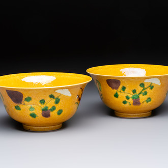 A rare pair of Chinese sancai yellow-ground 'Brinjal' bowls, Tianqi mark, 19th C.