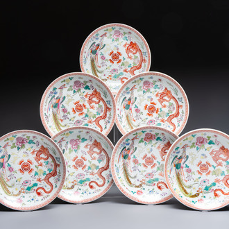 Seven Chinese famille rose 'Dragon and Phoenix' dishes, Qianlong mark, 20th C.