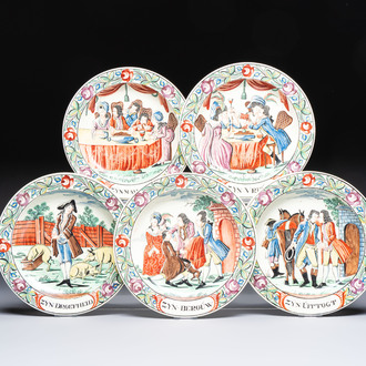 Five Dutch-decorated English 'Religious Subject' creamware plates, 18th C.