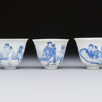 Three Chinese blue and white 'Erotic' wine cups, Yan Shui Yu Shi Zhi Zhen and Chenghua mark, Kangxi