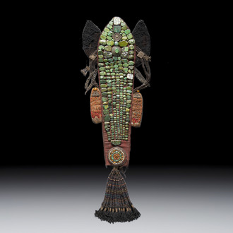 A large ancestral headdress or Perak mounted with turquoise, coral, and other stones, Ladakh, India, 19/20th C.