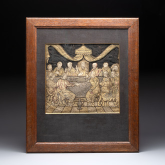 A gilt-brocade silk embroidery depicting the Last Supper, probably France or Spain, 19th C. or earlier.
