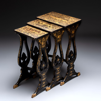 A set of three Chinese Canton gilt-lacquered nesting tables with narrative design, 19th C.