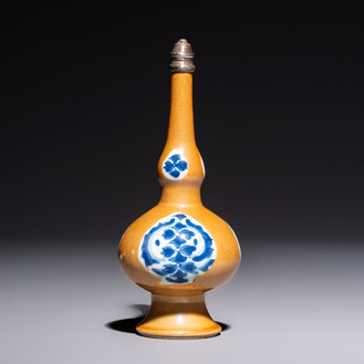 A Chinese blue and white capucine-ground rosewater sprinkler with silver mount, Kangxi