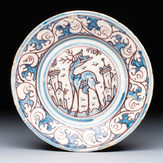 A blue, white and manganese Portuguese 'Deer' plate, 17th C.