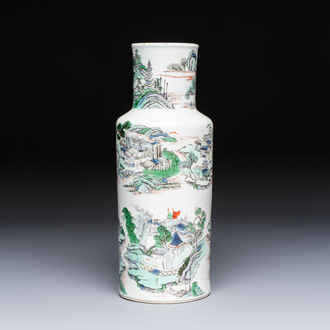 A Chinese famille verte 'Zhang Jiang Men 章江門' rouleau vase, 19th C.