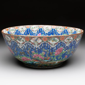 A Chinese Canton famille rose 'peacock' punch bowl, 19th C.