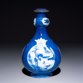 A Chinese blue and white powder-blue-ground hookah base, Kangxi