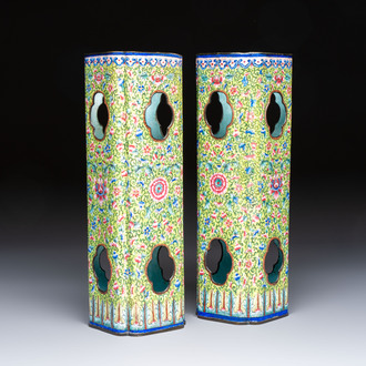 A pair of Chinese Canton enamel hat stands with floral design, 19th C.