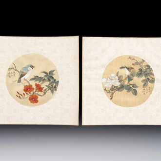 Two Chinese silk paintings with birds on blossoming branches, signed Shi Ren 施仁, dated 1898