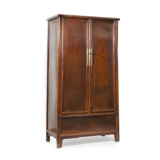 A large Chinese elmwood tapered round-corner cabinet, 'Yuanjiaogui', early Qing, 17/18th C.