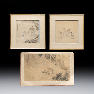 Three Chinese school paintings, ink and colour on silk and paper, signed Cui Feng 崔鳯, Wang Tingrong 王廷榕, Sushi 苏氏 seal mark, 19/20th C.