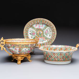 A Chinese Canton famille rose reticulated basket on stand and a gilt-bronze-mounted bowl, 19th C.