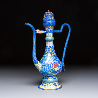 A Chinese Canton blue-ground enamel ewer and cover with floral design, 19th C.