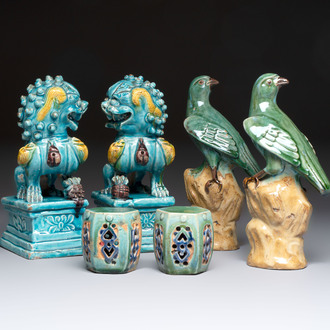 A pair of Chinese turquoise-glazed Buddhist lions, a pair of green-glazed parrots and a pair of miniature garden seats, 19/20th C.