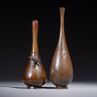 A Japanese bronze 'Koi' vase and a 'Cricket' vase, 19/20th C.
