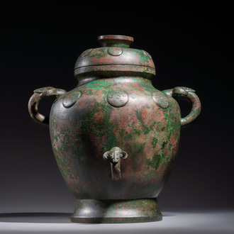 A large Chinese archaistic bronze wine vessel and cover with ram-form handles, Lei 罍, Ming
