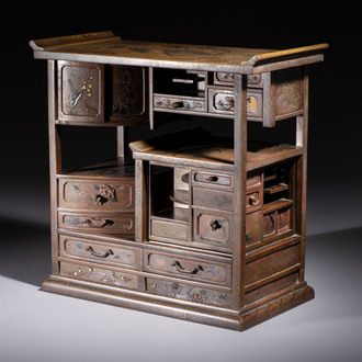 A fine Japanese bronze silver-, gold- and copper-inlaid miniature shodana cabinet, Meiji, 19th C.