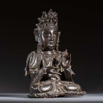 A fine Chinese bronze figure of Bodhisattva holding a ruyi, Ming