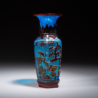 A Chinese red-overlay blue glass 'Cranes' hexagonal vase, Qianlong mark and of the period