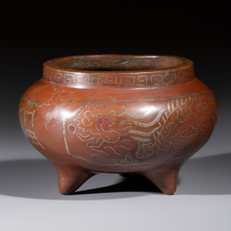 A Chinese or Vietnamese silver-inlaid bronze 'Fu Lu Shou' tripod censer,  Xuande mark, 19th C.