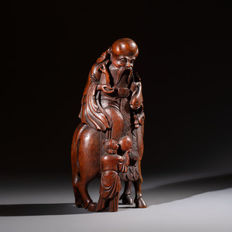 A large Chinese carved bamboo 'Shoulao' group, 19th C.
