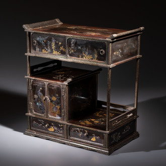 A fine Japanese silver-mounted, mother-of-pearl-inlaid, gilt black-lacquer miniature shodana cabinet, Meiji, 19th C.